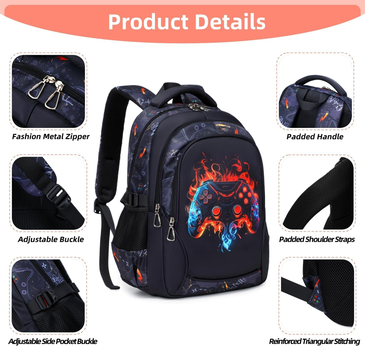 Boys Backpack Elementary School Bookbag Waterproof Durable Sturdy Kids Schoolbag Casual Travel Daypack(1-Black-game)