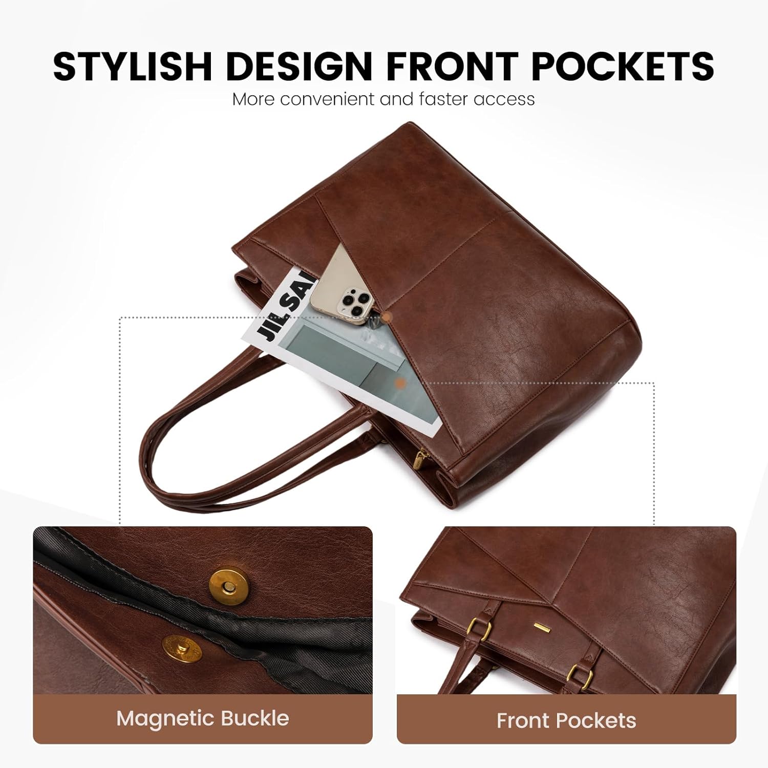 LOVEVOOK Vintage Leather Work Tote - 15.6 Inch Laptop Bag for Women, Waterproof Business Bag &