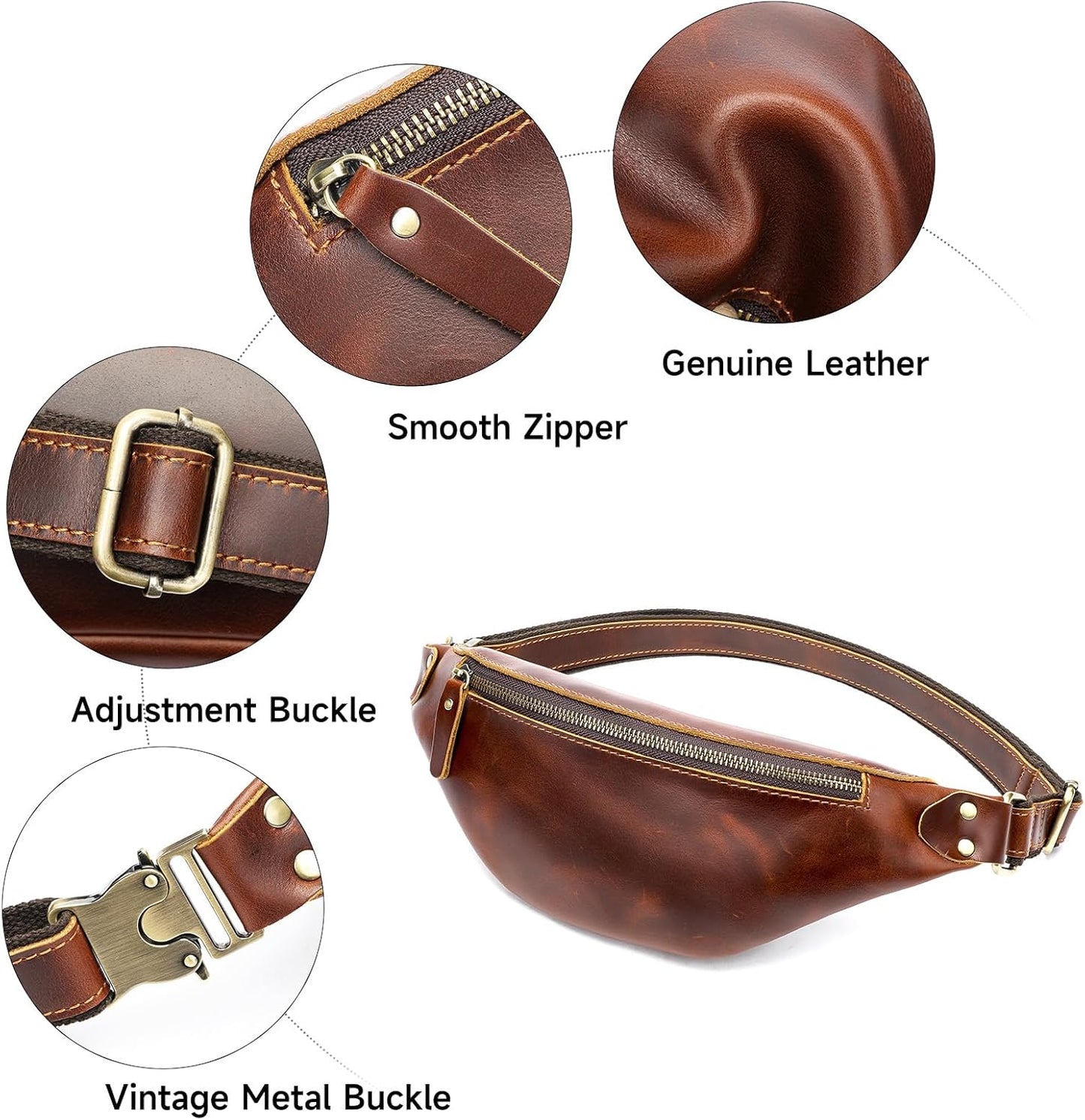 Vintage Genuine Leather Fanny Pack Small Waist Bag Travel Sling Pouch with Adjustable Leather Belt Brown