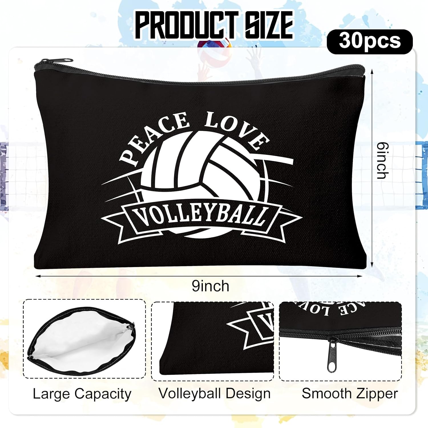 30Pcs Volleyball Makeup Bag Volleyball Cosmetic Bags Gift Accessories Canvas Travel Toiletry Pouch