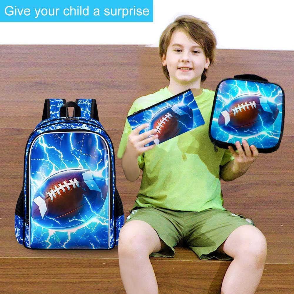 UFNDC 3PCS Kids Rugby Backpack, Boys Lightning Bookbag with Lunch Box, 17" Water Resistant School Bag for Teenagers Elementary Middle