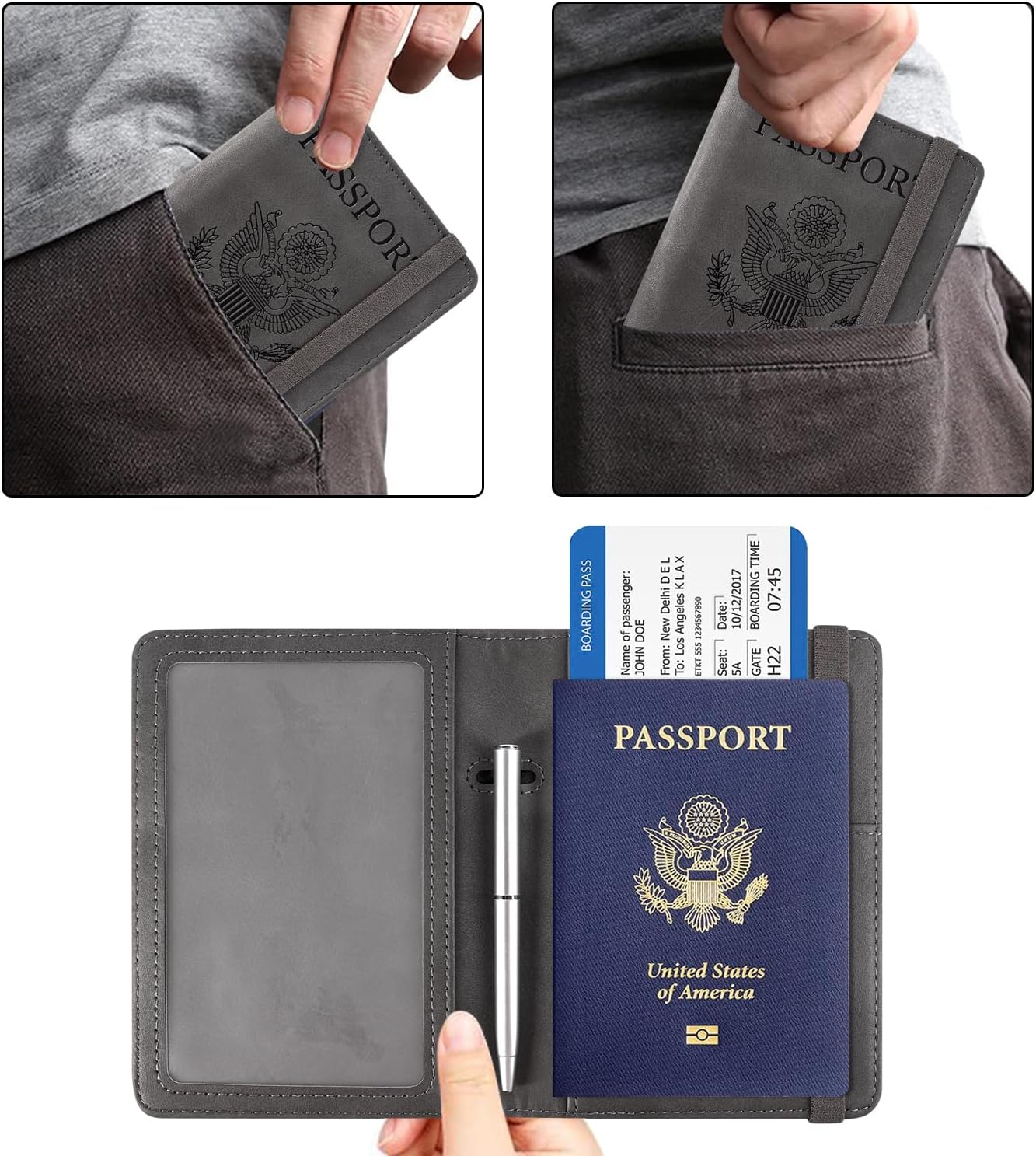 ACdream RFID BLOCKING Passport Holder Travel Wallet - Premium PU Leather Cover Passport book with Card Holder, Pen Slot, Keep Organization, and Travel Essentials for Women and Men - Grey