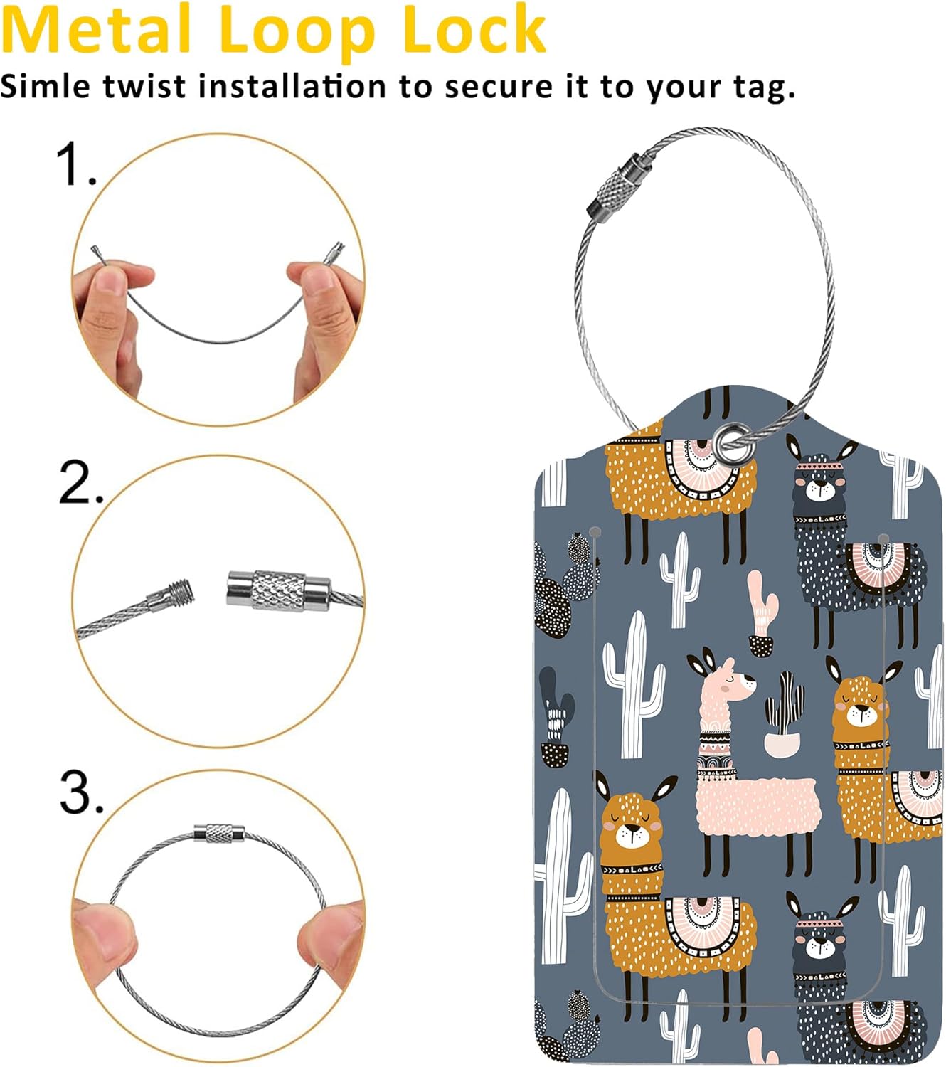 2 Pack Luggage Tag for Suitcase,Cute Llamas ans Cactuses PU Leather Suitcase Tags Identifiers with Privacy Name Address Labels and Durable Steel Loop for Women Men Travel
