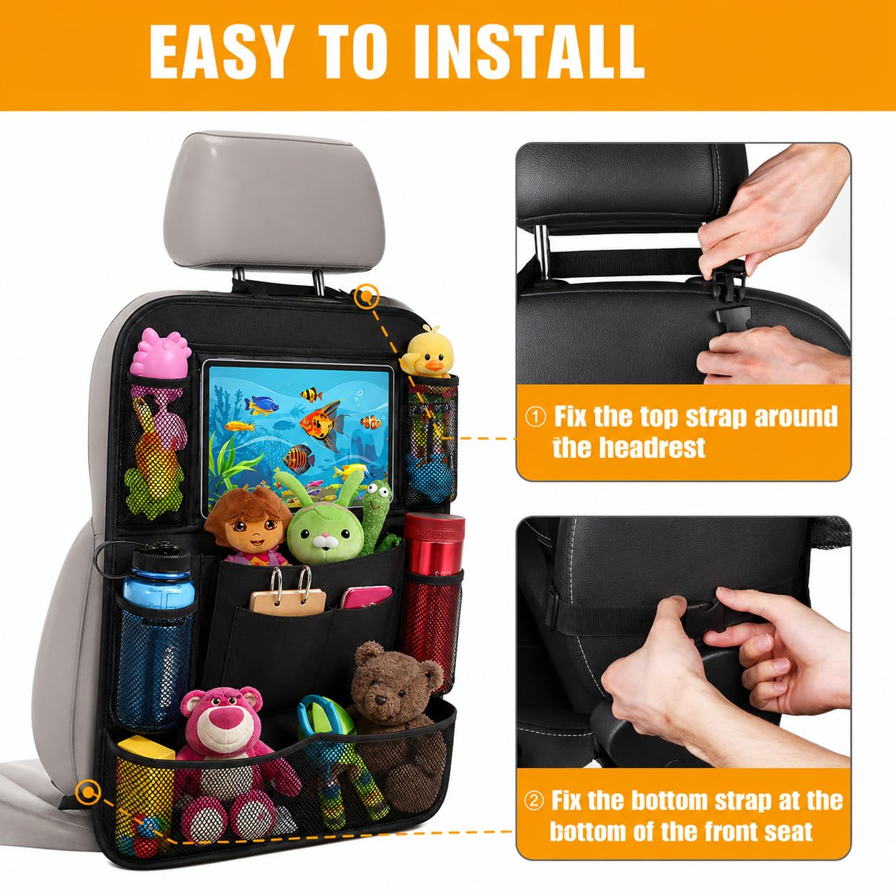 ULEEKA Car Backseat Organizer with 10" Table Holder, 9 Storage Pockets Seat Back Protectors Kick