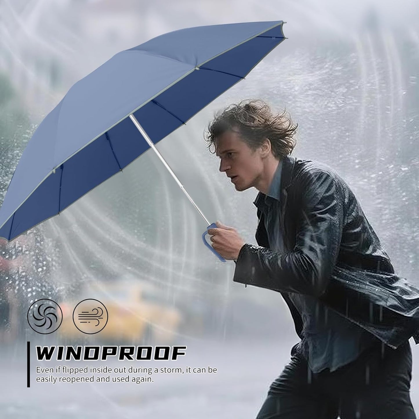 50in Inverted Folding Travel Umbrella – Windproof 10Ribs Upside Down Umbrella with Carabiner Handle, Rain Sun Protection for Women Men (Black)