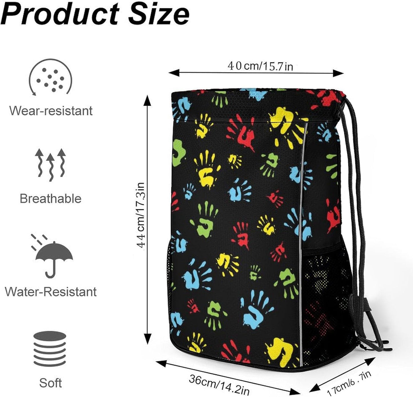 Hand Print Drawstring Backpack Gym Bag With Shoe Compartment String Bag Sport Beach Swimming Sackpack For Women Men