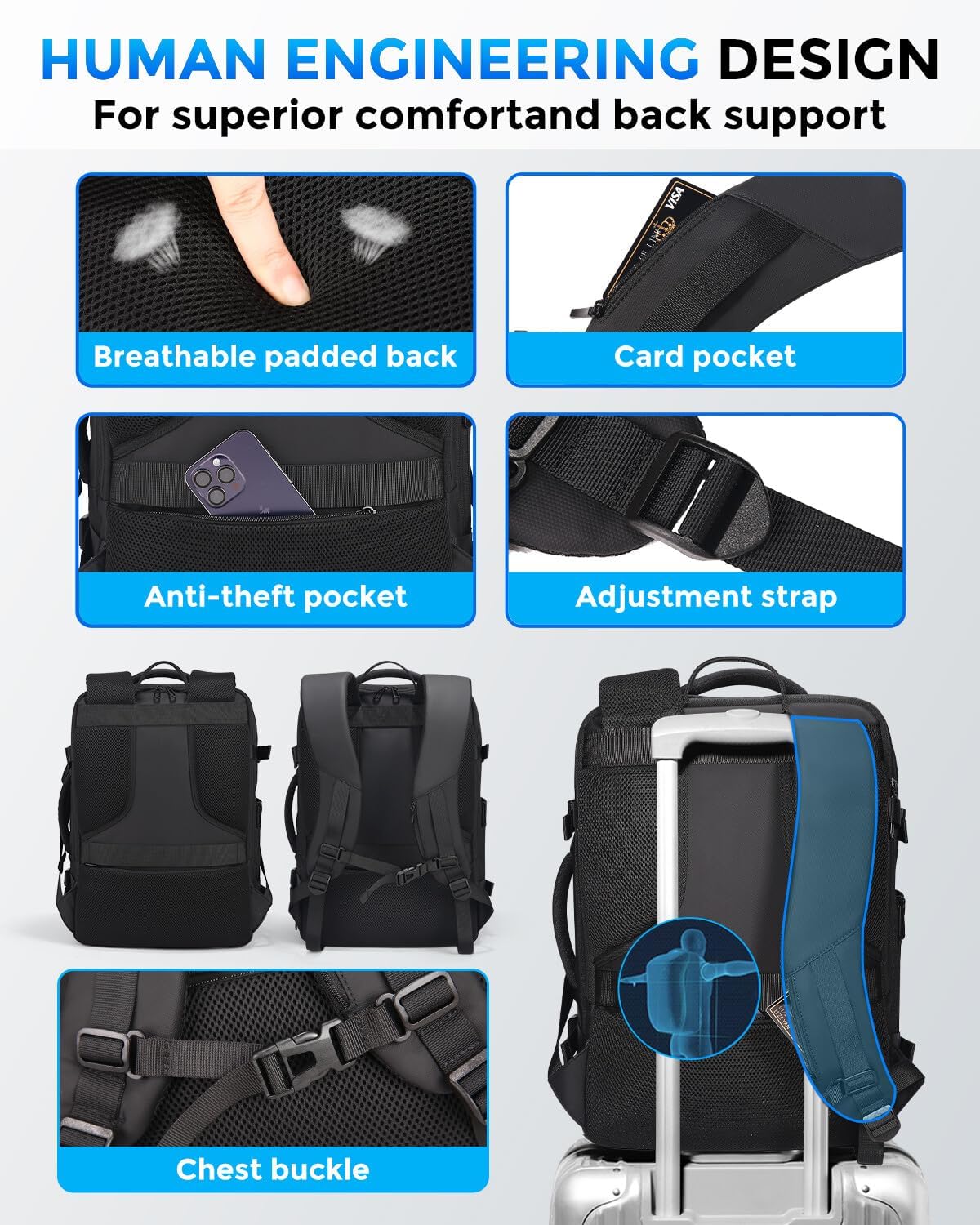 Travel Backpack for Men, Flight Approved Carry On Luggage Backpack with USB Port, Water Resistant Expandable Computer Daypack, 17.3 Inch Black Business Laptop Backpack for College/Work