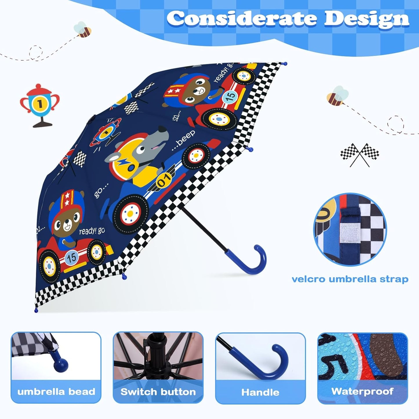 Kids Umbrella, Safety Windproof Umbrella with Easy-Grip Hook Handle for Toddler Girls and Boys