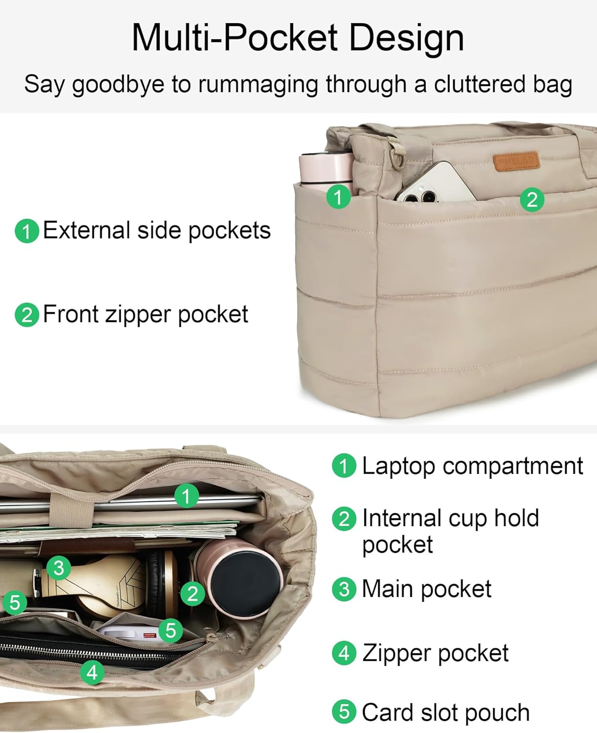 Tote Bag for Women, Quilted Puffer Work Bag for Nurse with 16" Laptop Pocket, Puffy Travel Shoulder Bag for School Gym