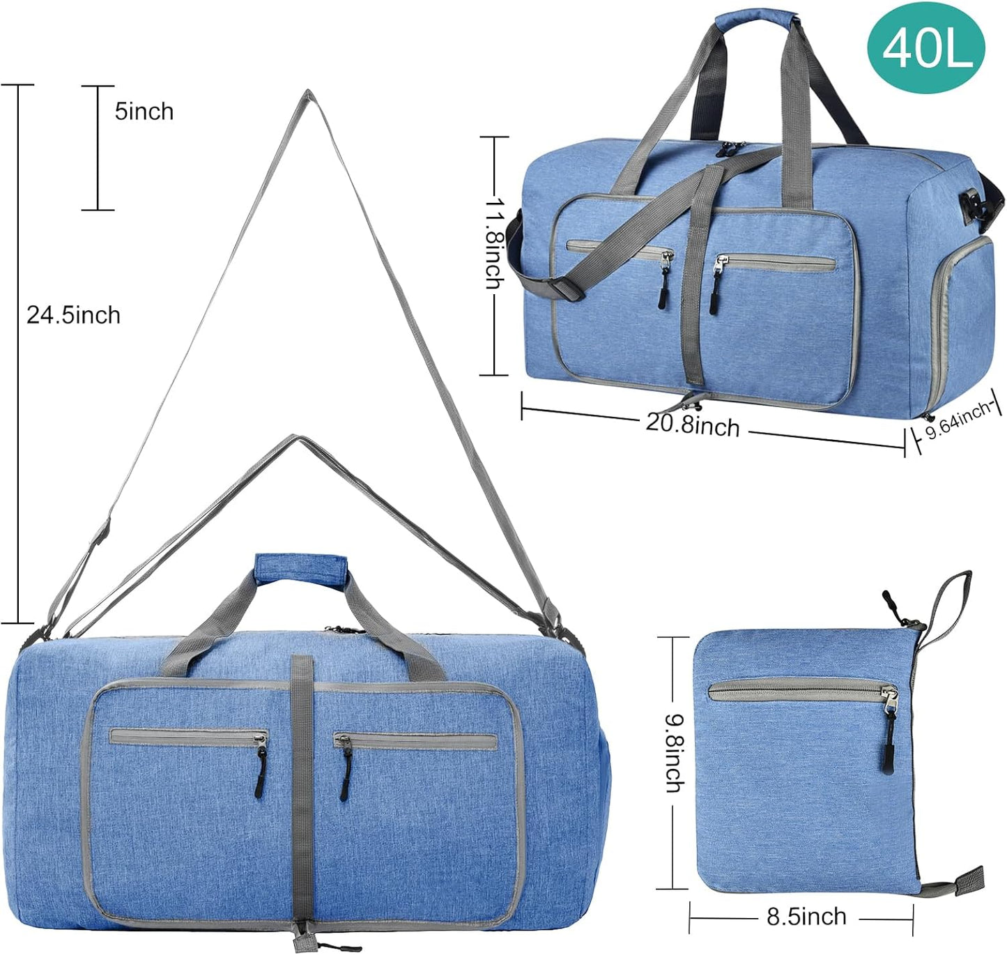 Dimayar 40L Travel Duffle Bag for Men Women - Foldable Duffel Bag with Shoes Compartment - Overnight Bags Waterproof & Tear Resistant(Blue)