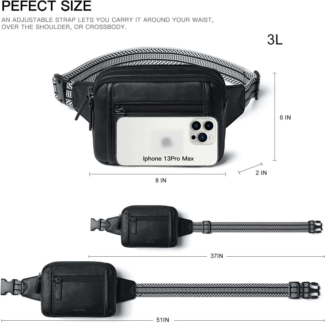 3L TRIPLE ZIP Fanny Packs Belt Bag For Women Men Crossbody Waist Pack Sling Chest Bum Travel Bag
