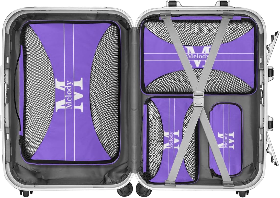 Custom Packing Cubes with Name, 4Pcs/Set Travel Luggage Packing Organizers Set for Women, MediumPurple with Initial Letter