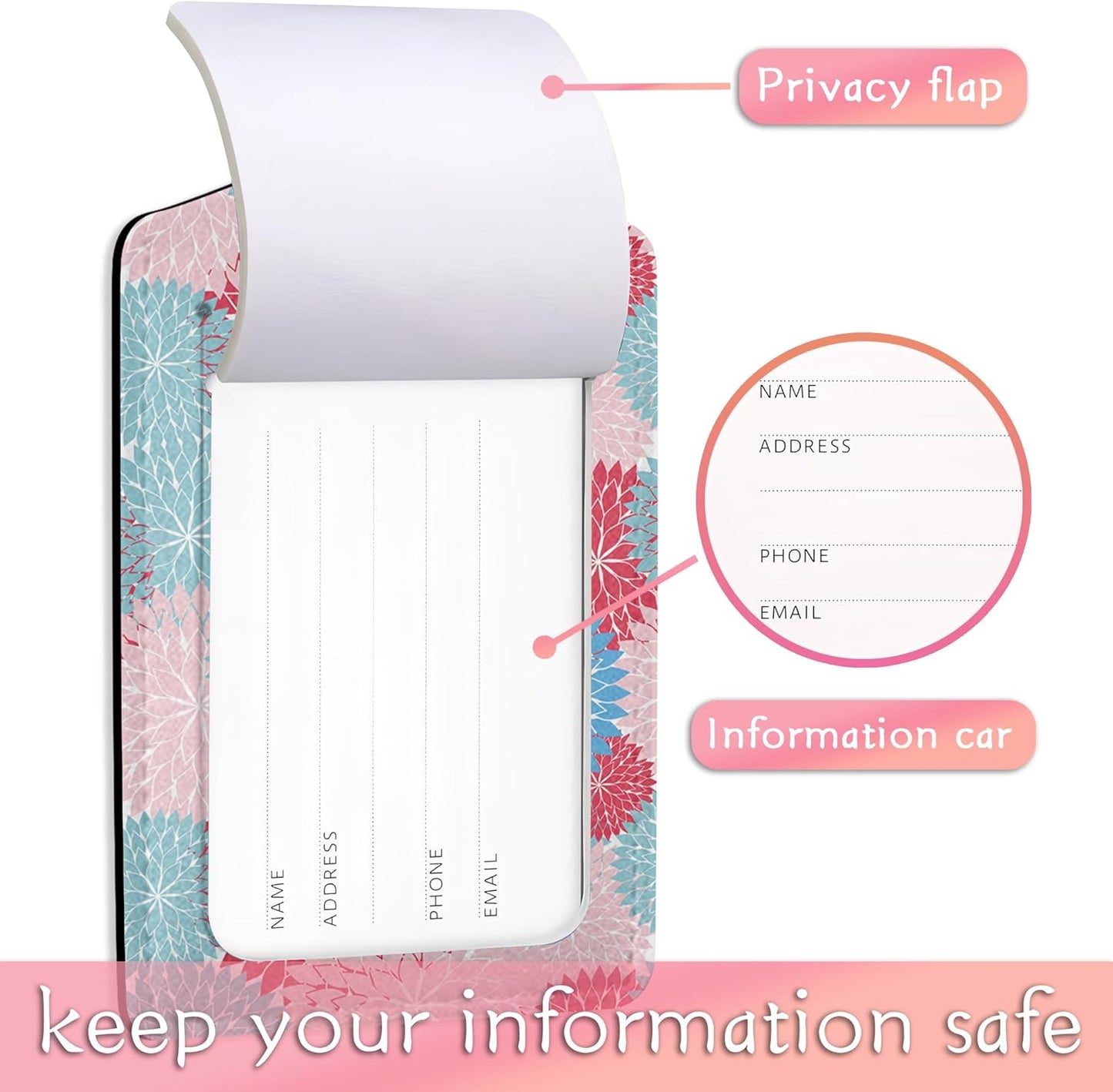 Luggage Tags for Suitcase, 2 Pack Blue Pink Flower Luggage Tag Leather Travel Cruise Bright Floral Luggage Tag with Privacy Flap, Name ID Label and Metal Loop for Women Men Girls Suitcase Baggage
