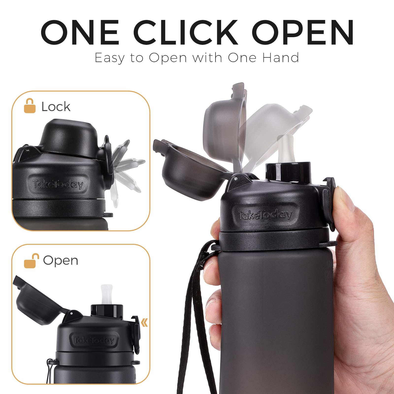 TakeToday Collapsible Water Bottles with Straw for Travel, 21oz, Black