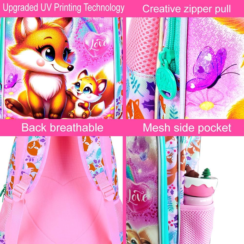 KLFVB 3PCS Girls Fox Backpack, Water Resistant Kids Bookbag with Lunch Box, 16" Preschool Backpacks for Elementary - Fox Pink