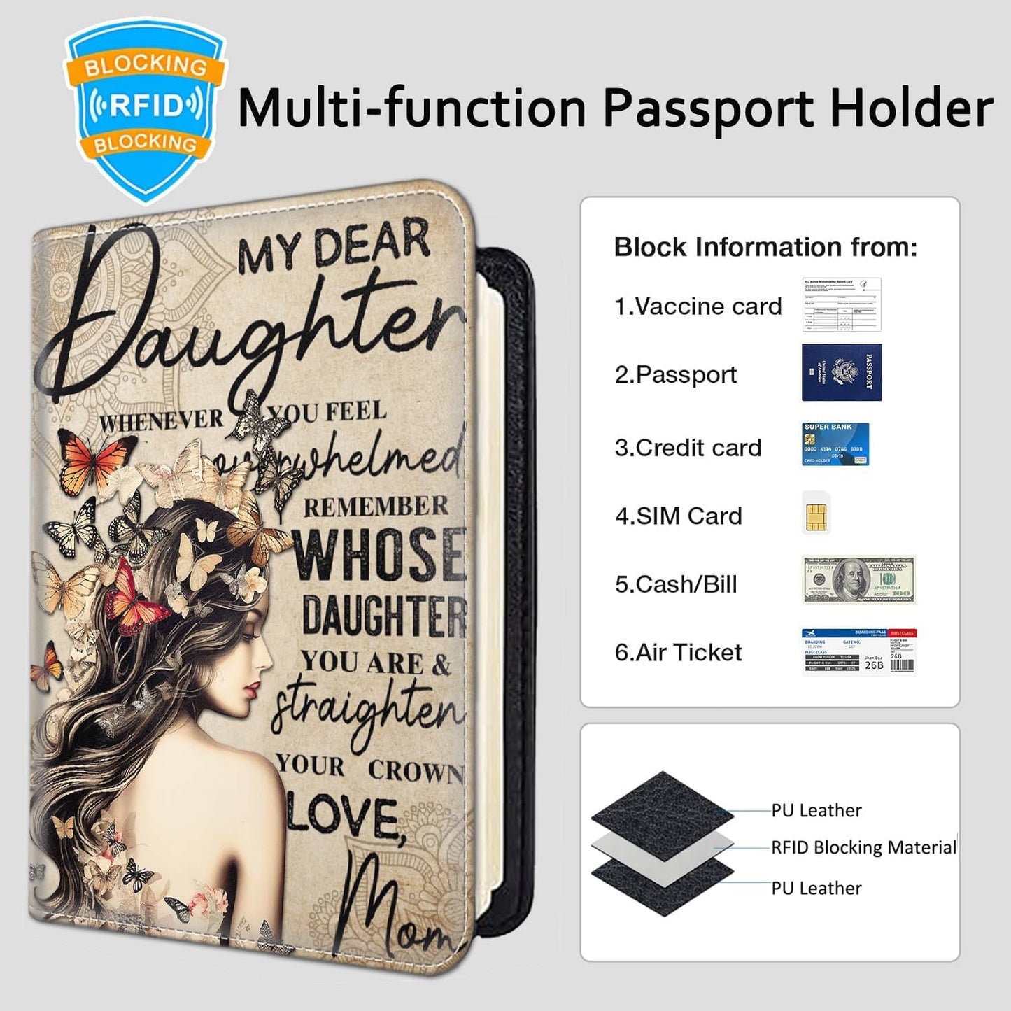 Passport Holder Women Wallet with Luggage Tag, Leather Passport Cover with RFID Blocking, Travel Accessories Multi Card Slot Passport Case for Men，Butterfly Girl