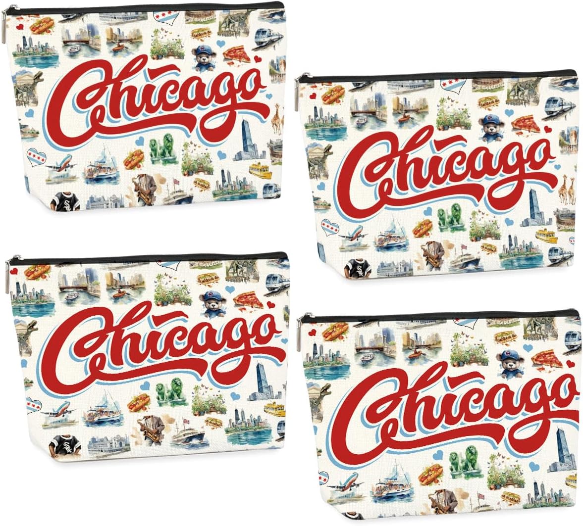4PCS Chicago Souvenirs Chicago Gifts Makeup Bag Cosmetic Bag for Women Friend Lady Sister Bestie Chicago Travel Lover Weekend Bag Vacation Christmas Birthday Friendship