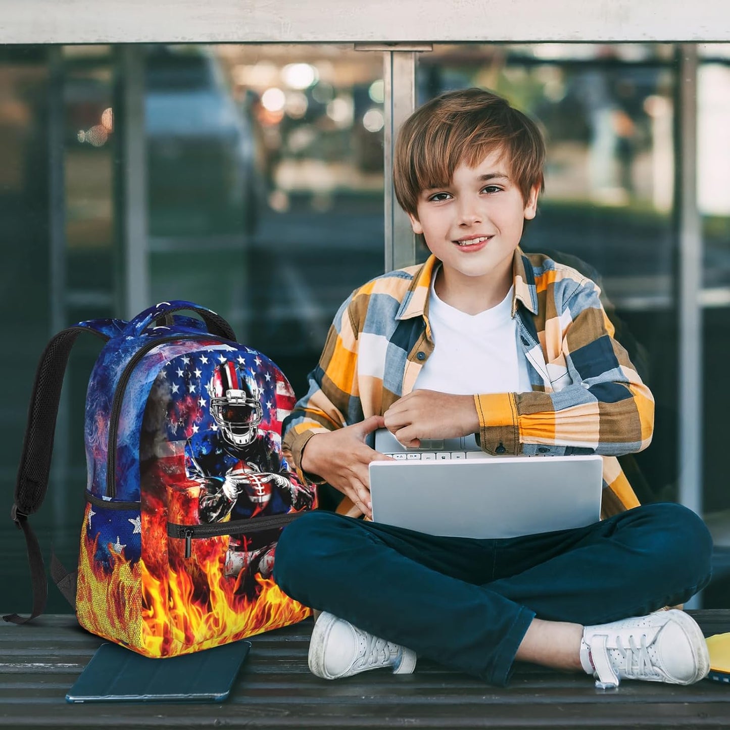 American Flag Football Print Backpack Sports Theme Boys Backpack School Bag Computer Backpacks Book Bag Travel Hiking Camping Gym Daypack Backpack for Kids Boys 8-12