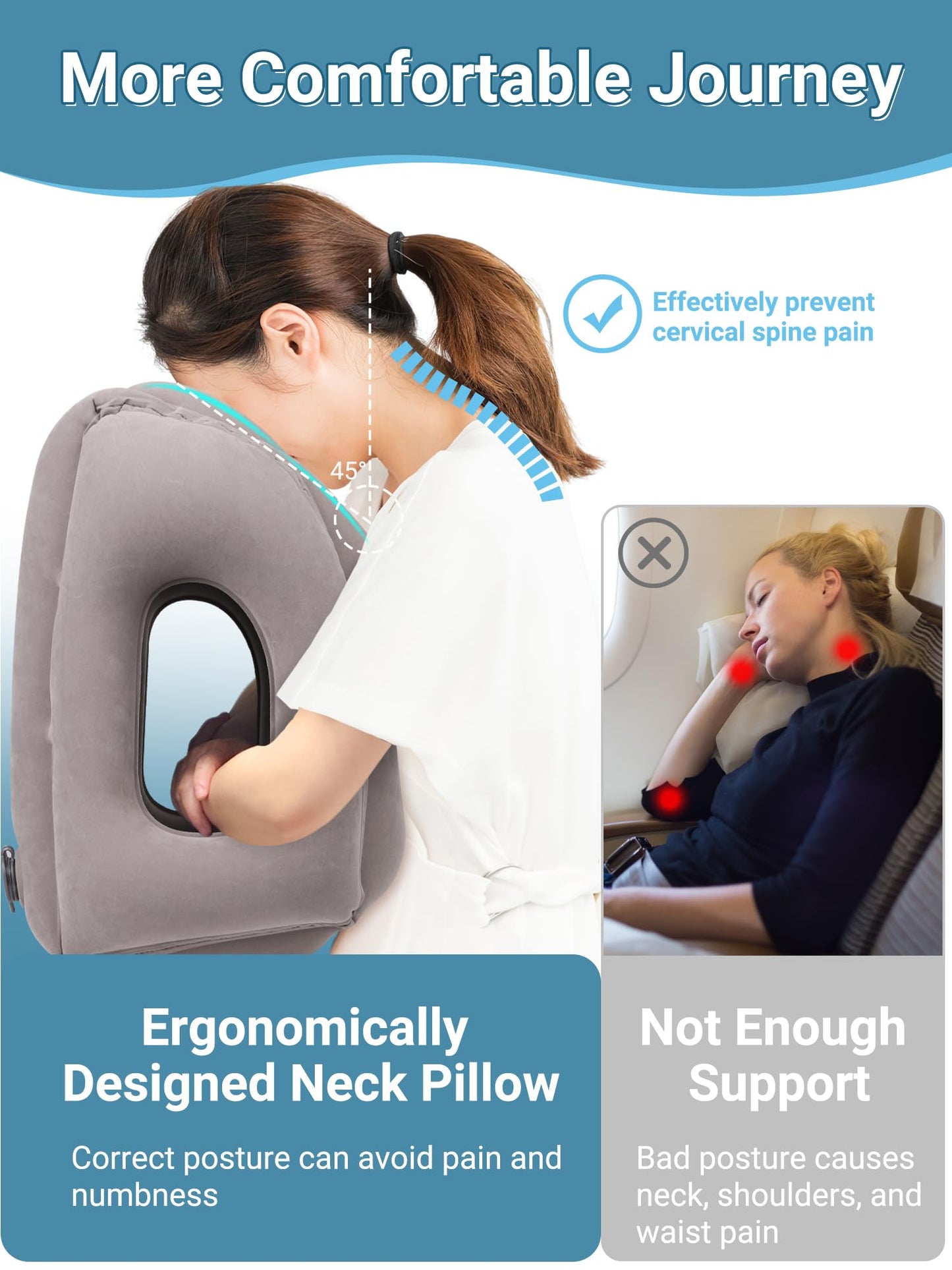 Maliton Inflatable Travel Pillow for Airplane Comfortable Sleeping, (Grey)