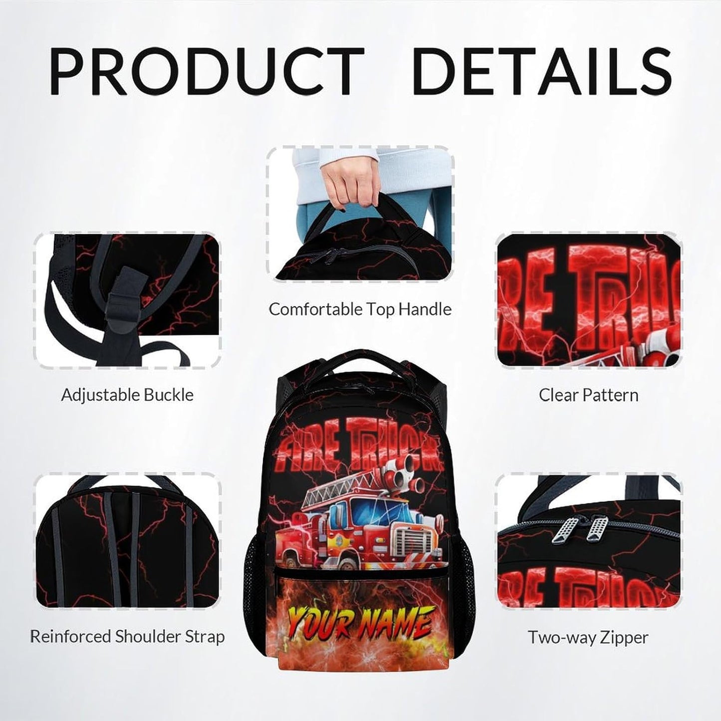 Personalized Backpack with Lunch Box, Custom Boys Bookbag for Ages 6-8, Fire Truck Backpack for School, 17 Inch Preschool Elementary Book Bag