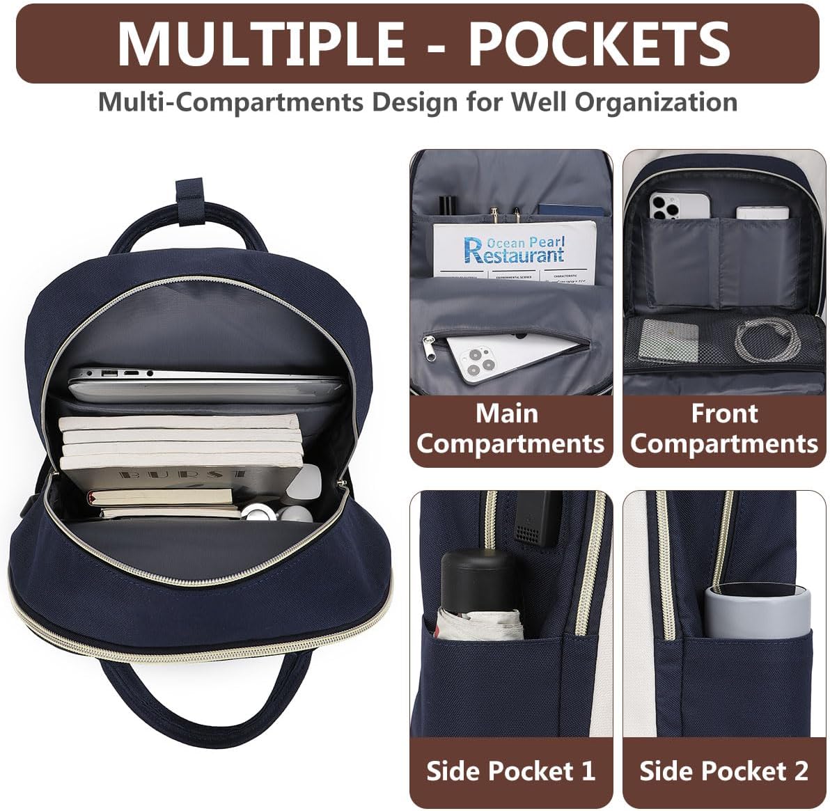 Laptop Backpack for Women Work Bookbag: 17.3 Inch College Backpacks with USB Charger School Book Bag Waterproof Travel Computer Back Pack Anti-Theft Casual Bookbags for Girls Teacher Nurse Navy Blue