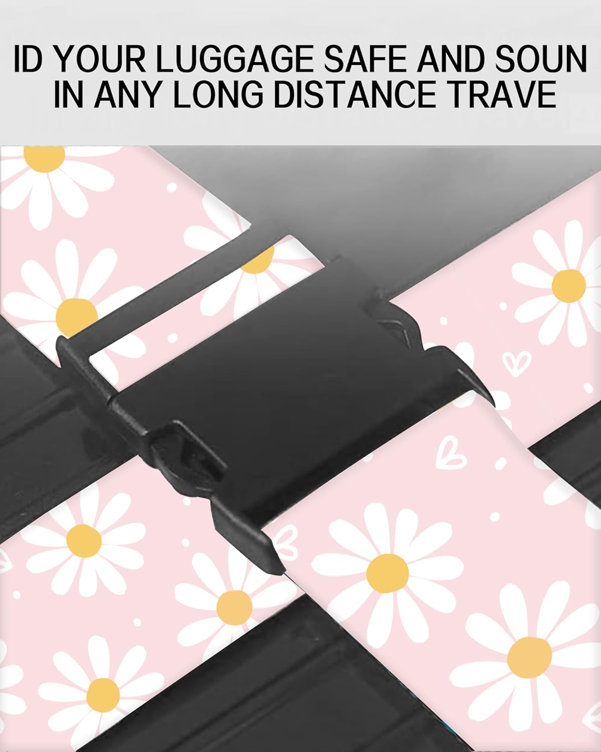Luggage Straps for Suitcases, Adjustable Travel Belt, Durable Wide Luggage Strap, Cute Suitcase Strap Identifiers with Buckle, Bag Straps for Luggage, Cute Pink Daisy