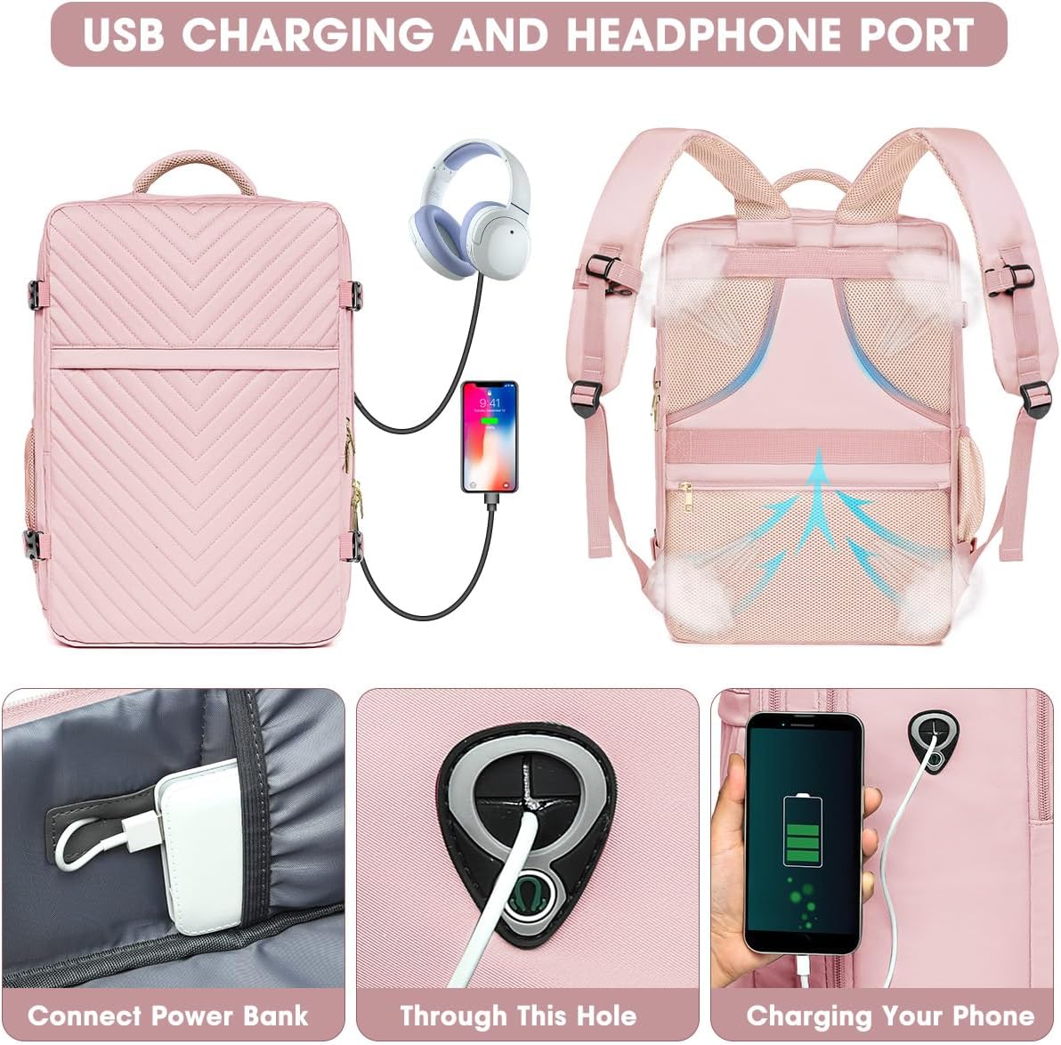 Large Carry On Travel Backpack - Flight Approved Waterproof Luggage Suitcase Backpacks Personal Item Size for Women Men Fit 17 Inch Laptop College Overnight Bag Anti-Theft Weekender Daypack Pink
