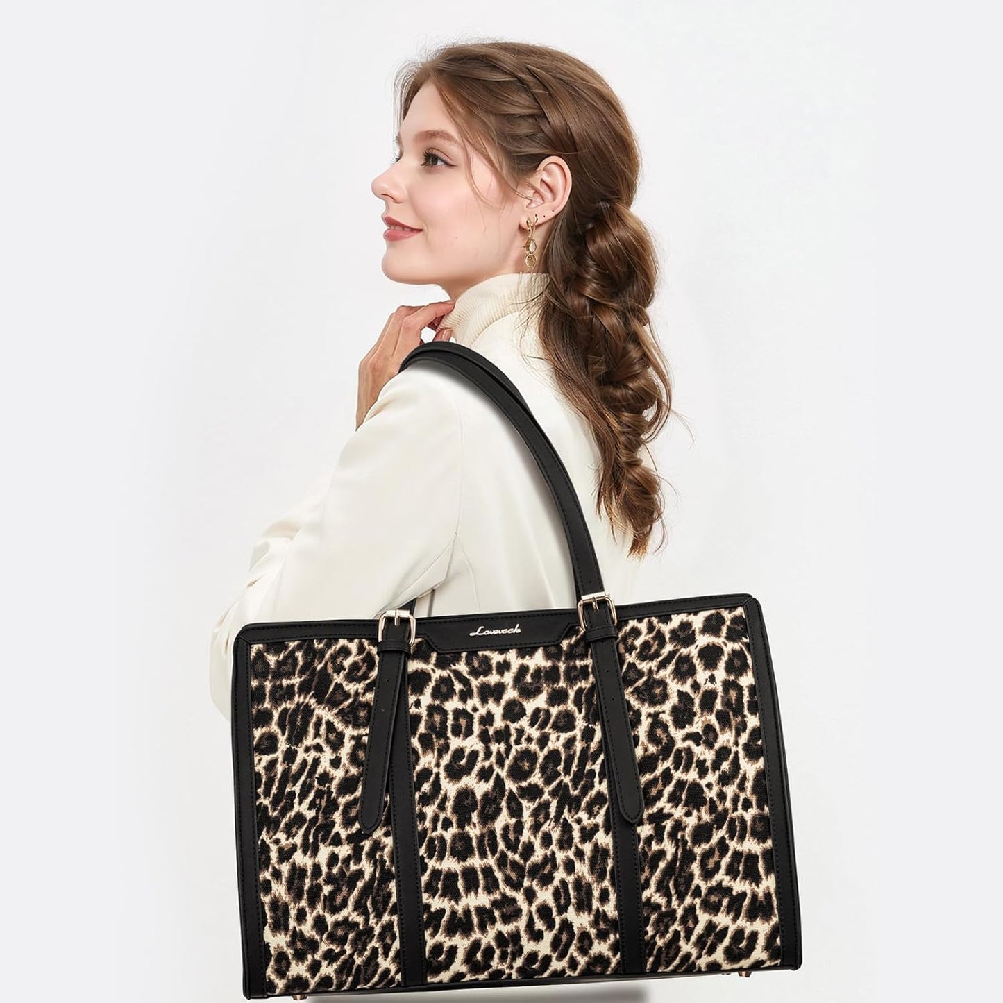 LOVEVOOK Laptop Bag for Women - 15.6 inch Lightweight Canvas Laptop Tote, Large Capacity Computer Bag with Clutch Purse for Business, Work, Office, Travel, Leopard