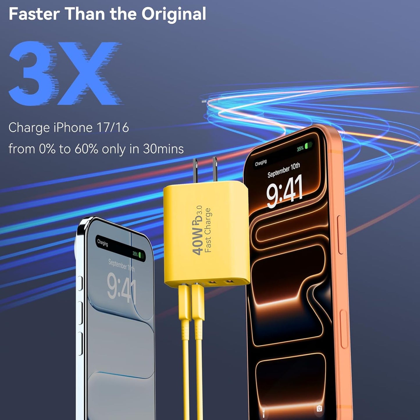 USB C Wall Fast Charger Block, 40W 4-Port Type C Chargers Fast Charging Blocks PD Power Charger Adapter+QC 3.0 USB Multiport Charger Brick for Phone 17/16/15/14/13/12 Pro Max, i-Pad, Galaxy S25-2Pack