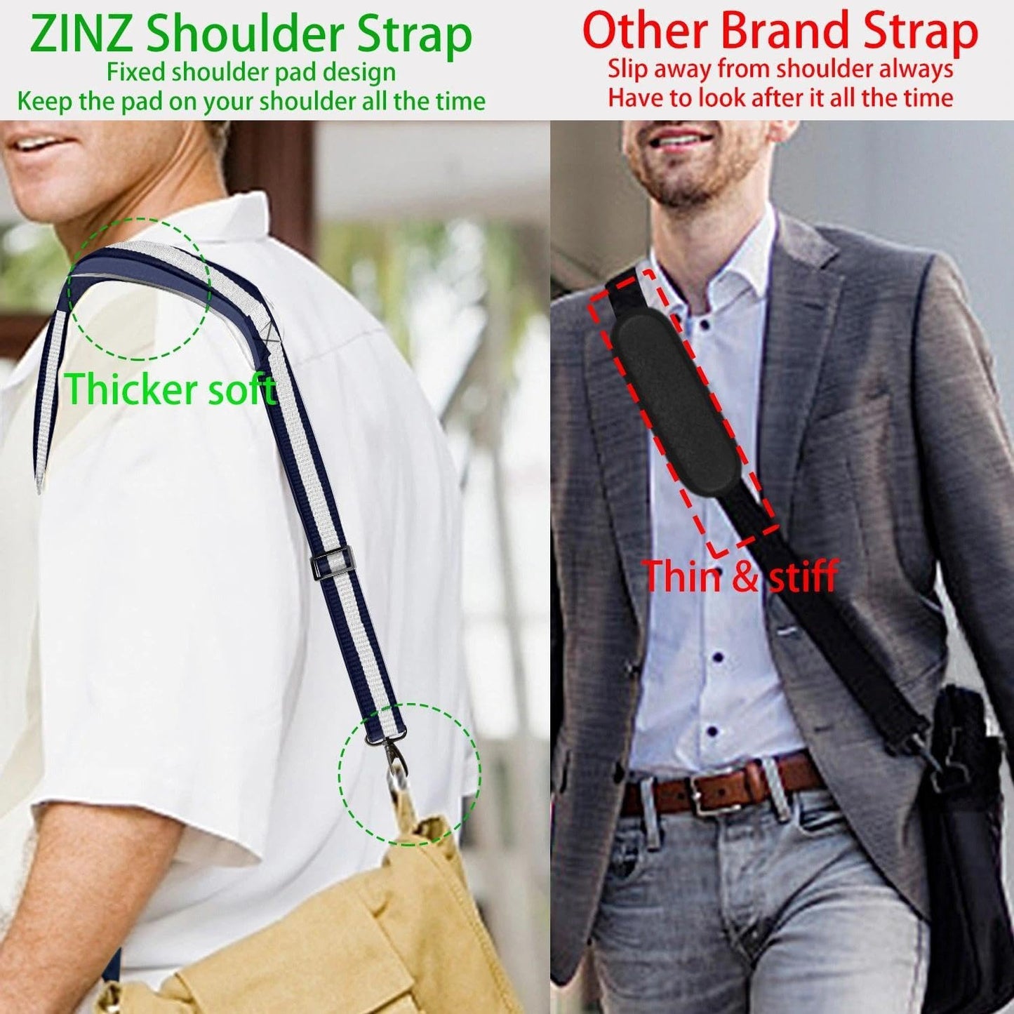 ZINZ Shoulder Strap 58" Ultra-Thick Fixed Padded and Adjustable Buckles Crossbody Strap for Briefcase Laptop Bag Luggage
