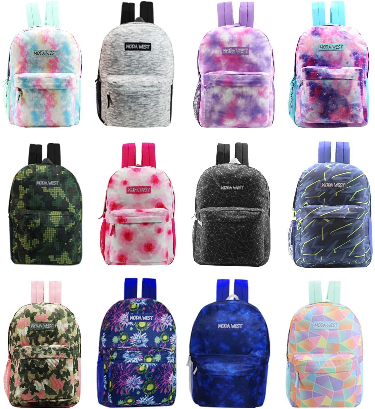 24-Pack 17" Classic Backpacks for Kids - Bookbags in Bulk for Elementary, Middle, and High School Students, 12 Assorted Colors