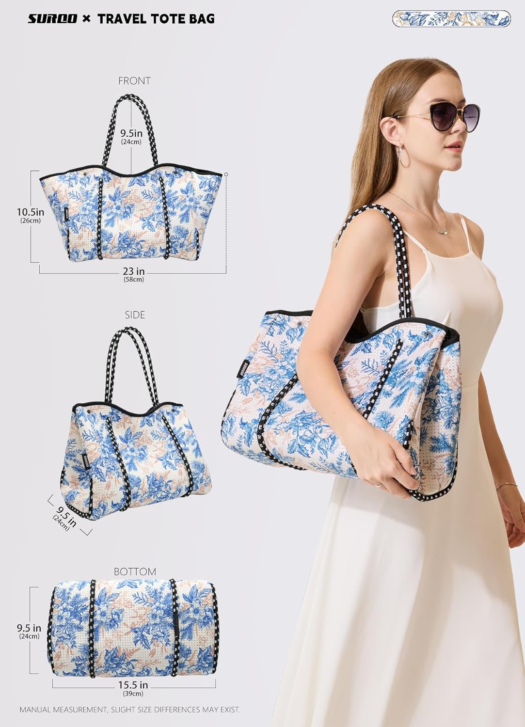 Neoprene Beach Bag for Women, Large Travel Tote Gym & Pool Bag, Detachable Pouch