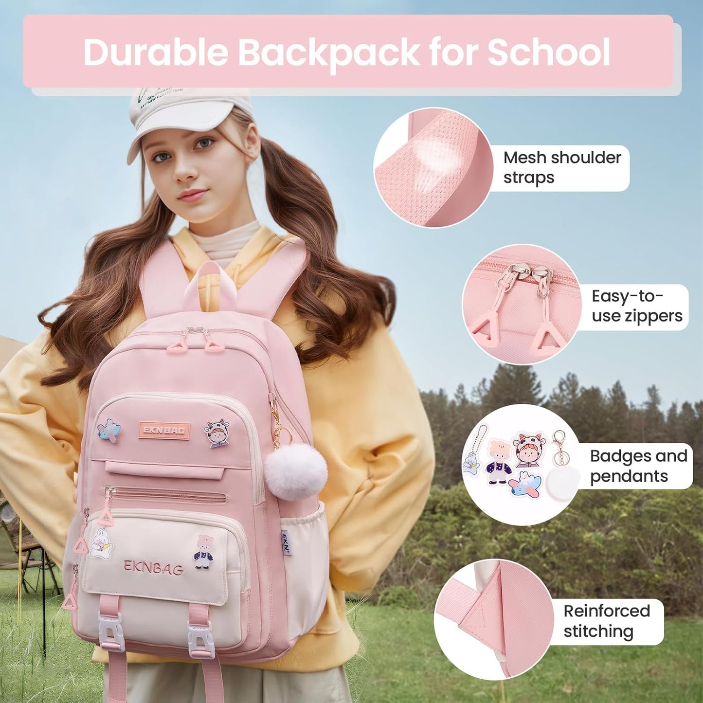 Tanou School Backpacks for Girls, Kawaii Kids School Bag with Pendant, Elementary Primary Middle School Lightweight 20L, Pink