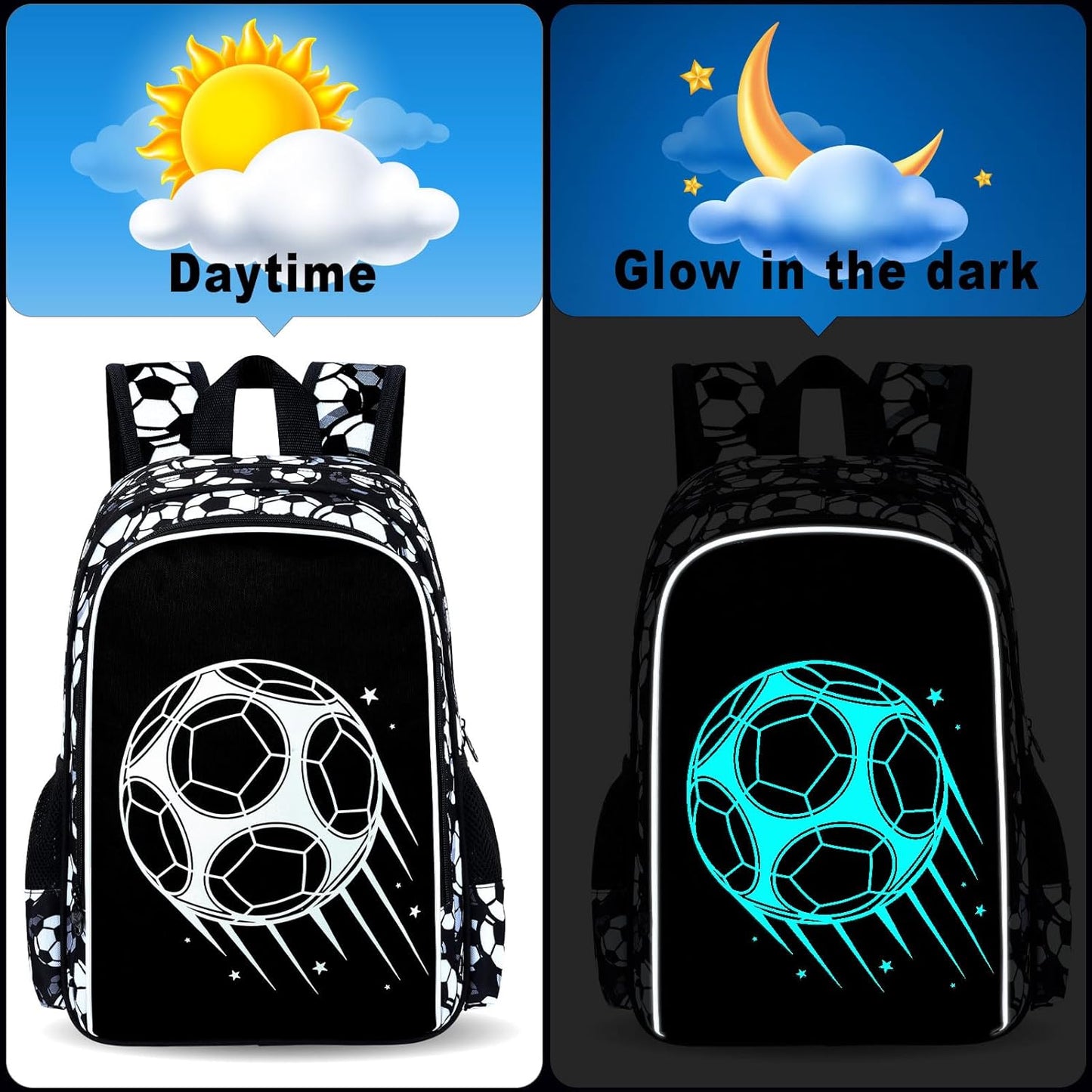 3Pcs Glow in The Dark Soccer Backpack for Boys, 17 Inches Football School Bookbag Set for Teens, Laptop Backpacks with Lunch Bag(Black)