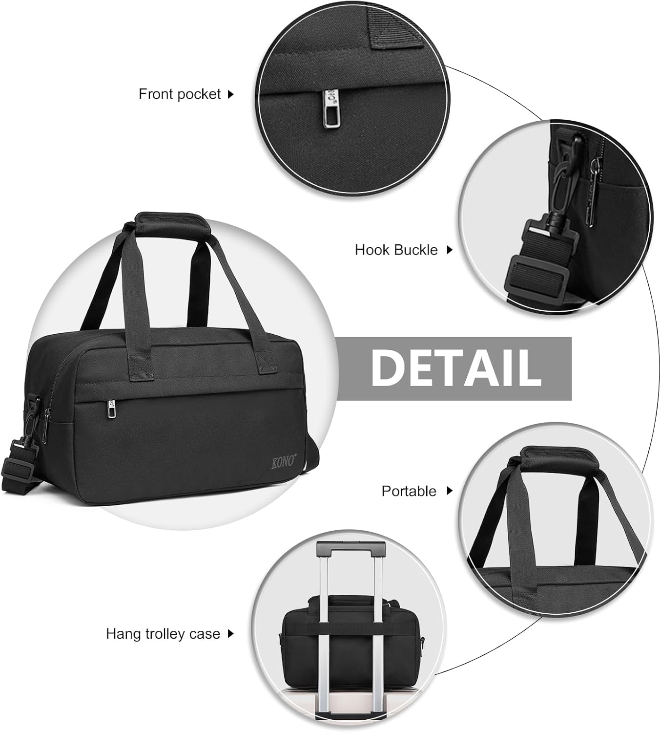 Kono Travel Duffel 13.78"x7.87"x7.87" Under Seat Carry-On 14L Sports Tote Gym Weekender Overnight Bag Extra Small, Black