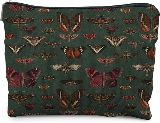 Moody Green Academia Butterfly Cosmetic Bags Toiletry Bag for Women, Vintage Butterfly Makeup Bag, Butterfly Gifts for Women, Dark Cottagecore Butterflies Makeup Pouch