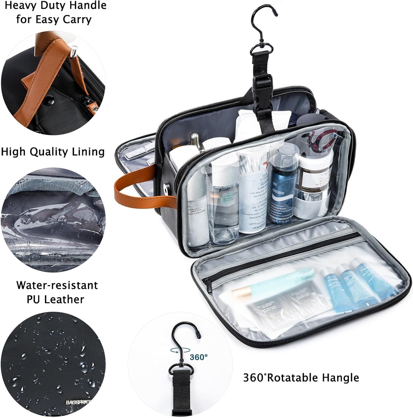 BAGSPRITE Large Toiletry Bag for Men, Women Travel Bag with Hanging Hook, Water-resistant Makeup Cosmetic Bag Shaving Kit Organizer, Bathroom Bag for Traveling