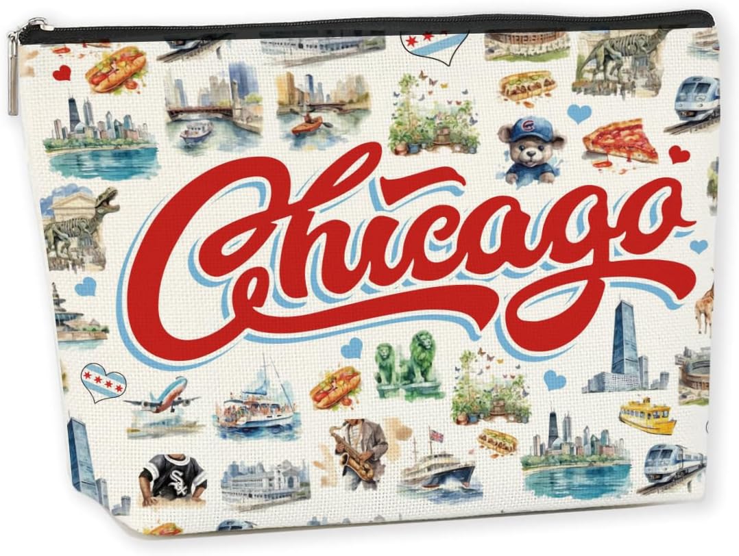 Chicago Souvenirs Chicago Gifts Makeup Bag Cosmetic Bag for Women Friend Lady Sister Bestie Chicago Travel Lover Weekend Bag Vacation Christmas Birthday Friendship