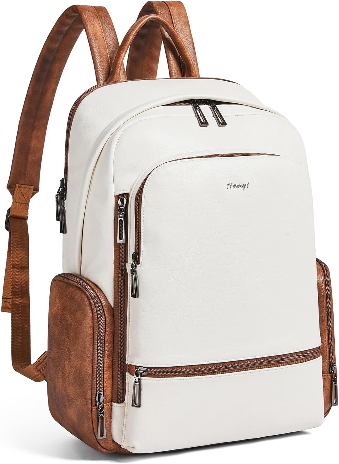 Computer Backpack for Women Soft Leather Back pack with 15.6 inch Laptop Compartment, Designer Ladies Travel Backpack, Beige