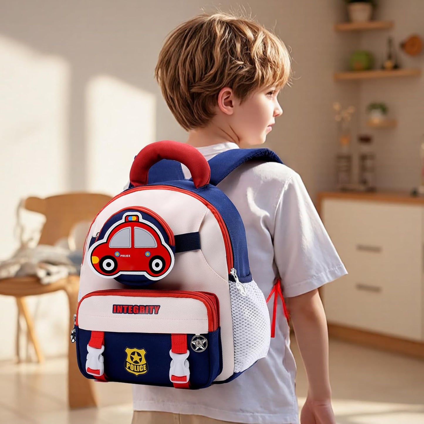 Preschool Backpack Set for Boys Girls 2-in-1 Toddler Kids Backpack 12in with Detachable Waist Bag Water-Resistant Oxford, Dark Blue Car