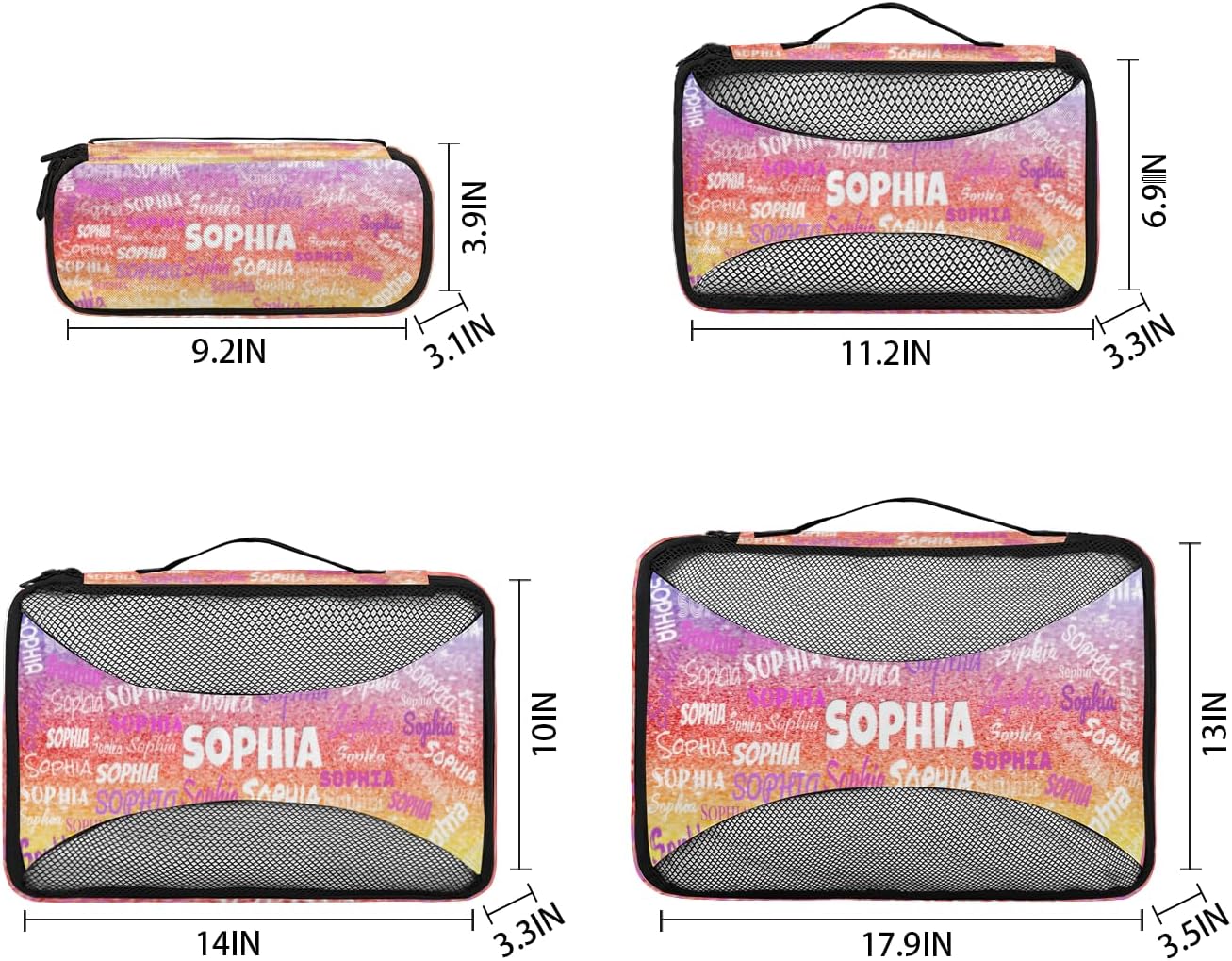 Personalized Packing Cubes, Set of 4 with Zipper Handles, Custom Name Travel Suitcases Luggage Packing Organizers, Purple Red Yellow Glittering