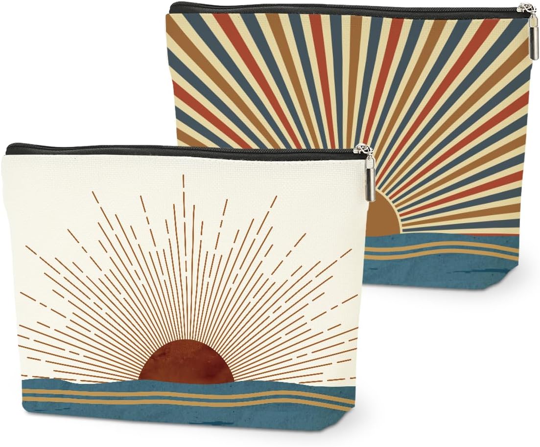 2PCS Boho Makeup Bag, Boho Gifts for Women, Sunlight Rays Natural Linen Zipper Pouch Best Gifts for Girls Sister Travel Sunshine Cosmetic Bag