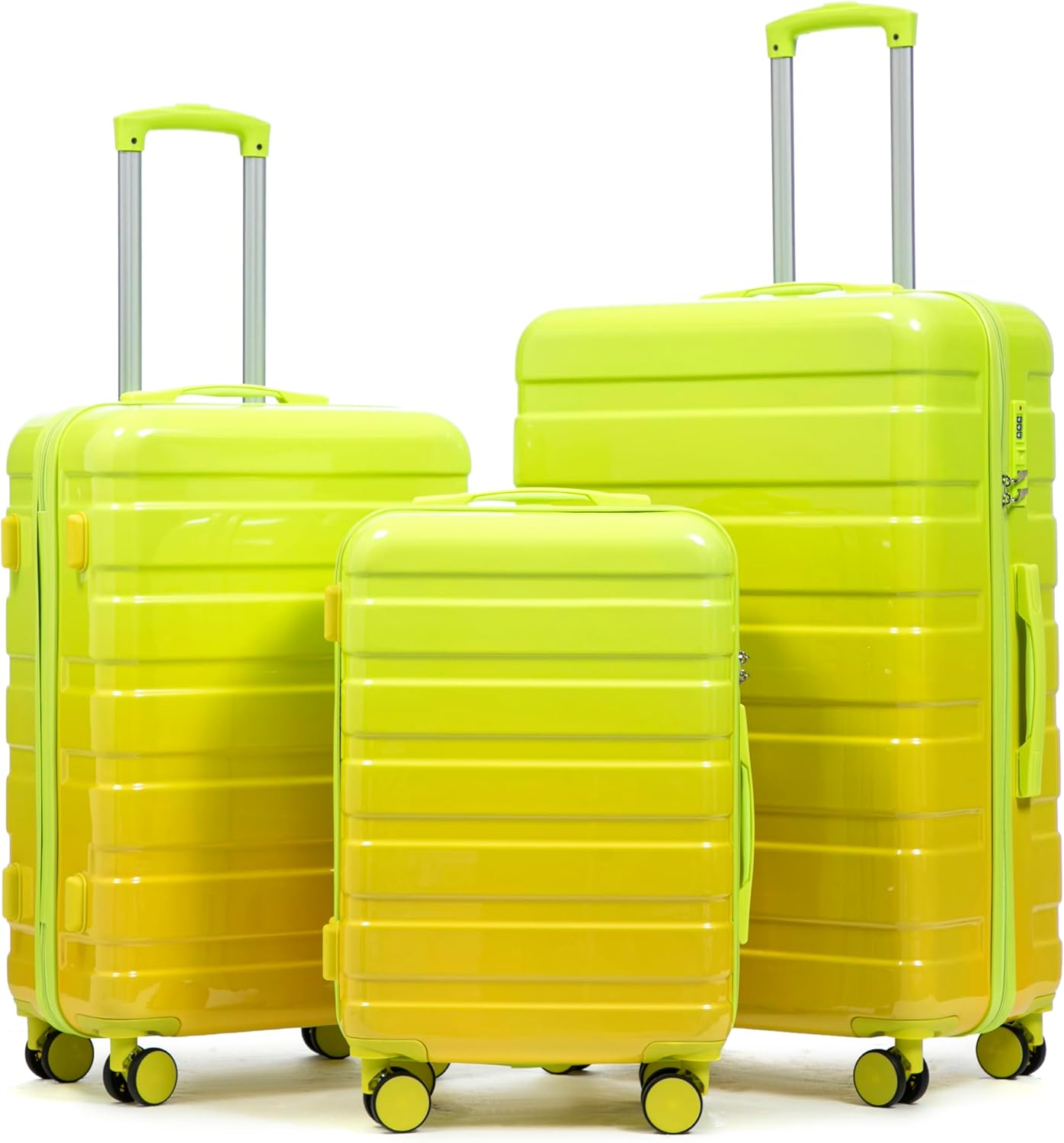 Campfun 3 Piece Luggage Sets, PC Gradient Color Suitcase Set with Double Spinner Wheels Hang Hook, Durable Carry On Luggage with Combination Lock, 20/24/28 inch, Green+Yellow