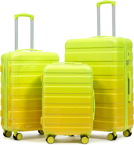 Campfun 3 Piece Luggage Sets, PC Gradient Color Suitcase Set with Double Spinner Wheels Hang Hook, Durable Carry On Luggage with Combination Lock, 20/24/28 inch, Green+Yellow