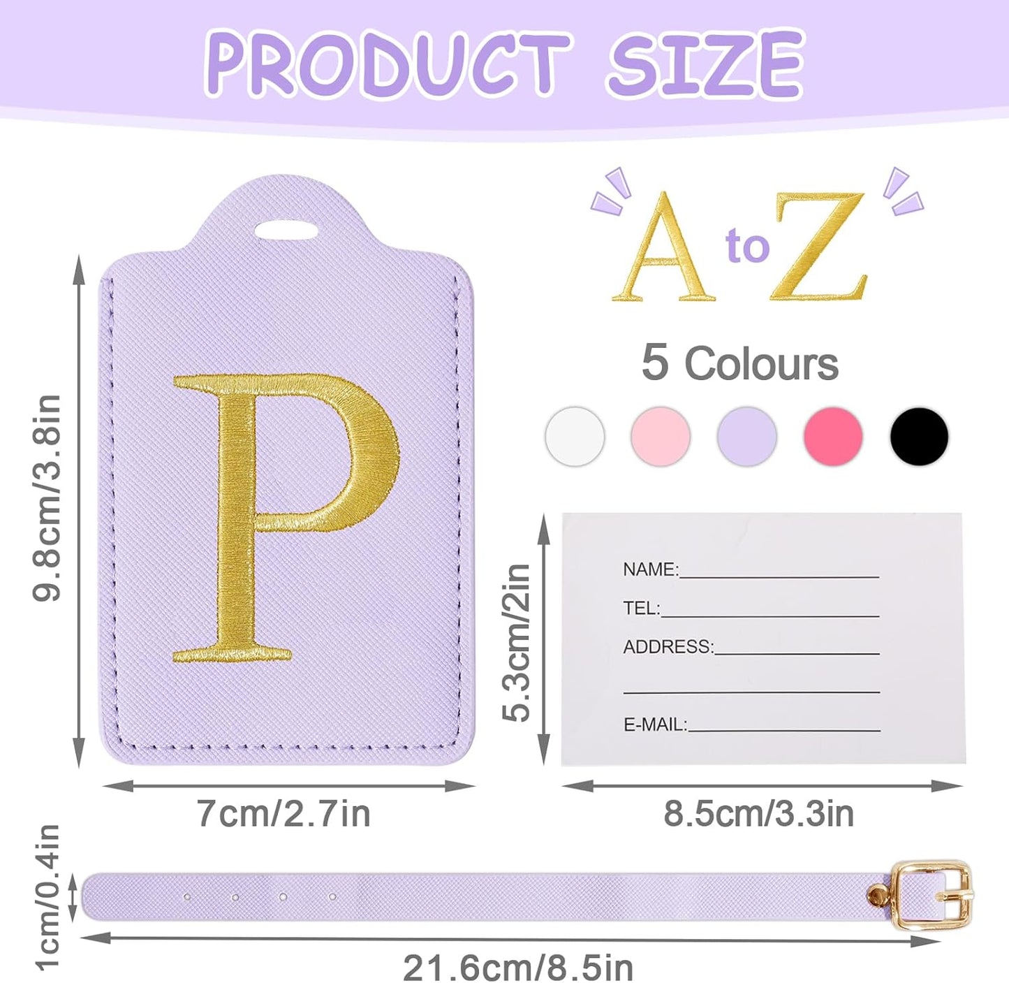 Initial Letter Luggage Tags for Suitcases, Personalized Embroidered Letter Luggage Bag Suitcase Identifier Name Tag, Cute PU Leather Travel Luggage Tags, Bag Tags for Luggage Handbags(Purple P)