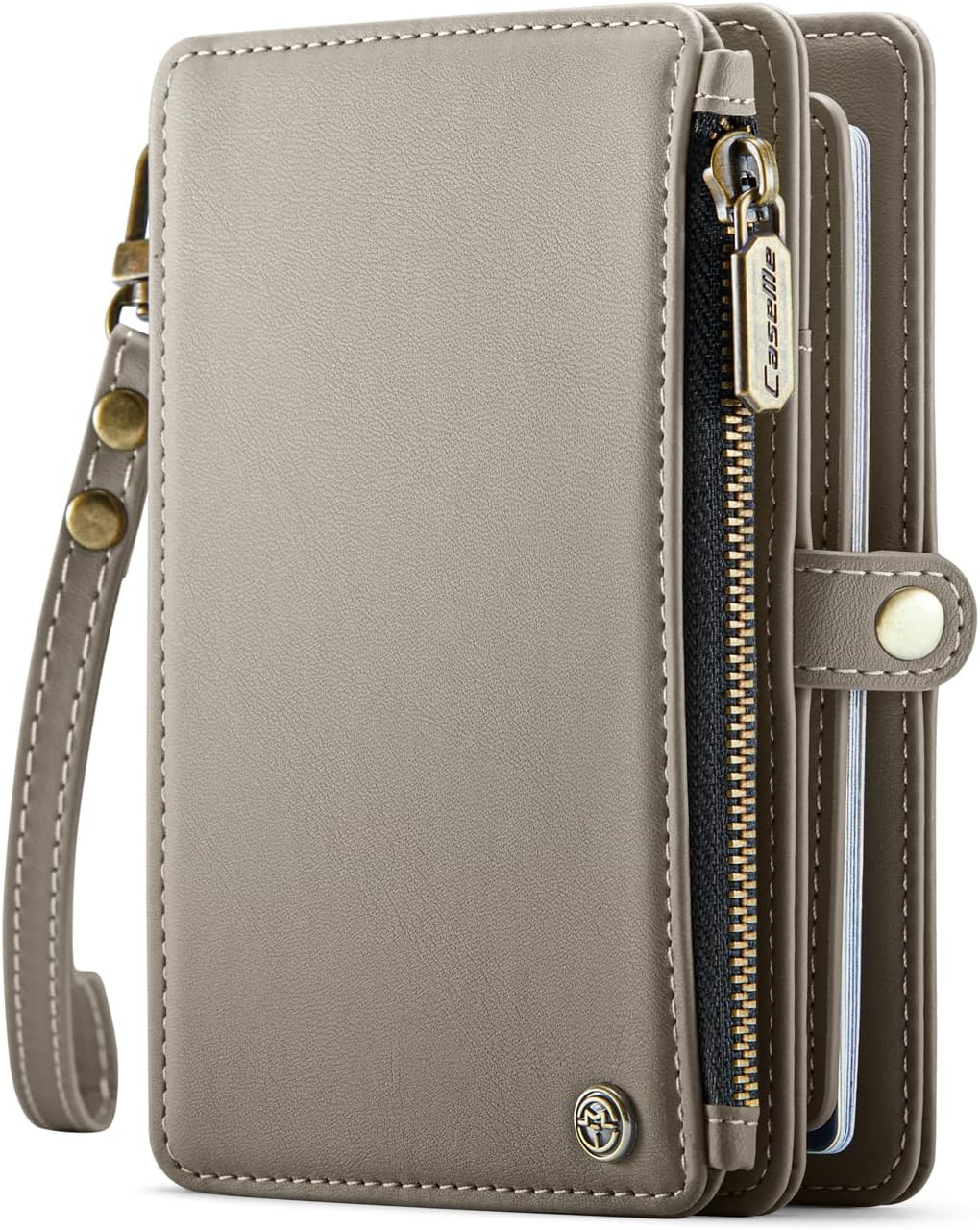 Passport Holder Wallet, 12 Card Slots RFID Blocking Travel Organizer, Zippered Coin Pocket & Detachable Wrist Strap Secure AMagnetic Closure Passport Case for Men & Women (Grey)