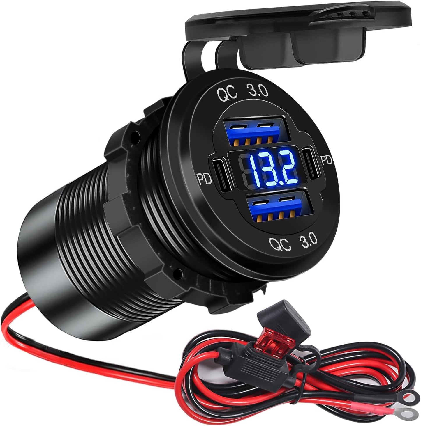 4 Ports 12V USB Output Aluminum 78W Dual PD and QC Multi Port USB C Car Charger with Voltmeter, Cigarette Lighter Replacement 12V USB Plug for Marine Boat, Motorcycle,