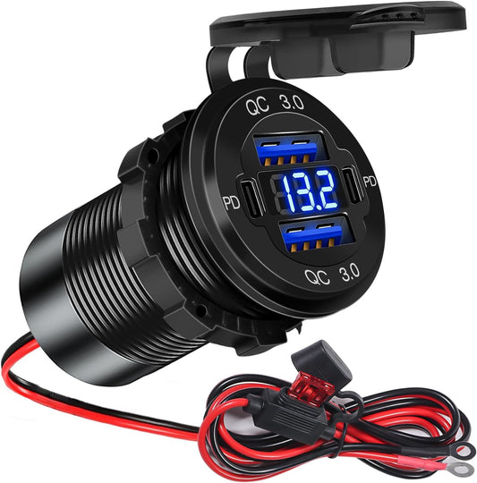 4 Ports 12V USB Output Aluminum 78W Dual PD and QC Multi Port USB C Car Charger with Voltmeter, Cigarette Lighter Replacement 12V USB Plug for Marine Boat, Motorcycle,
