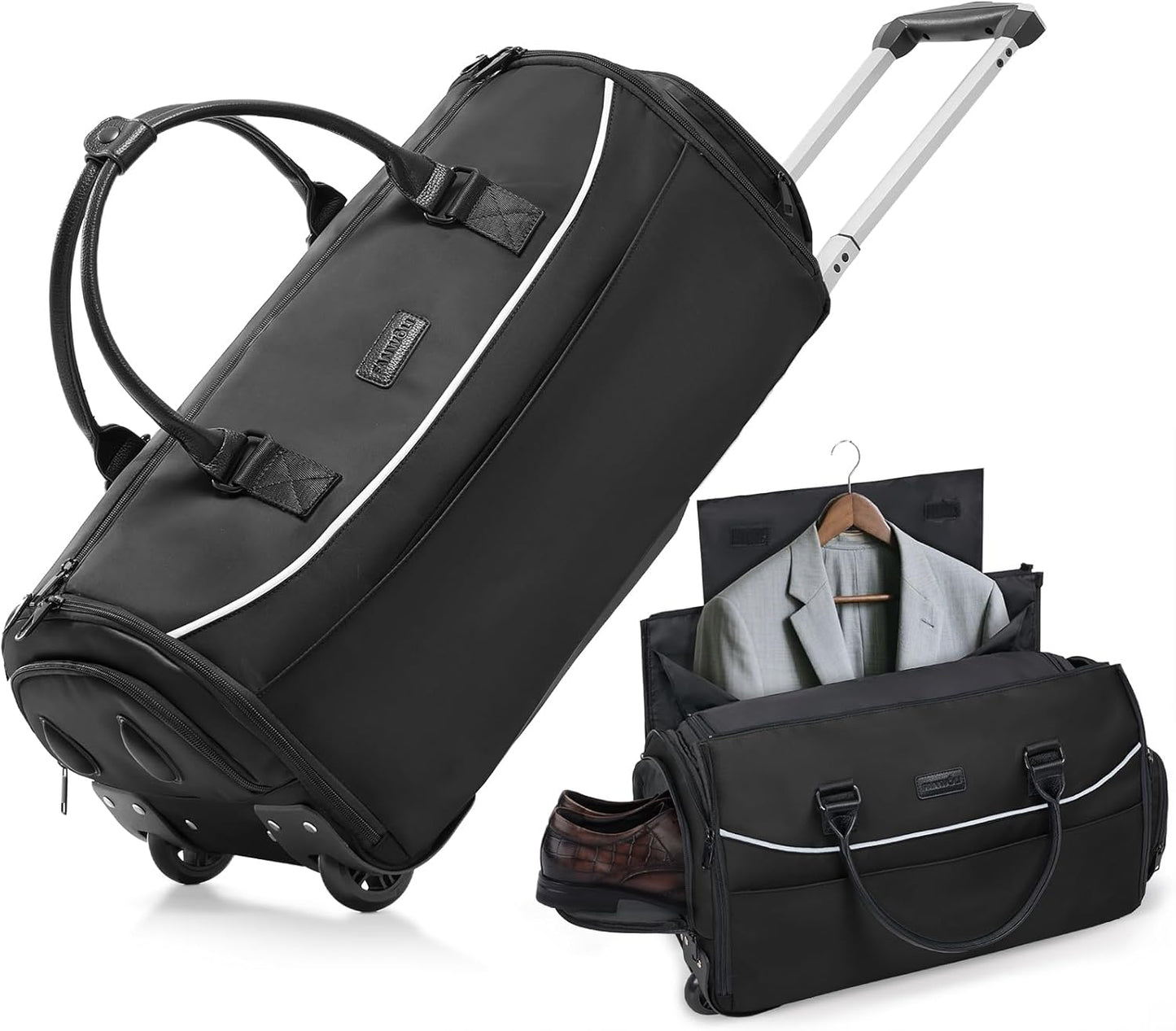Fanwoli Carry-On Rolling Garment Bag for Travel, 3-in-1 Wheeled Luggage with Shoe Storage & Detachable Organizer, Convertible Duffel Bag for Men Women Business Trips Weekender, Wrinkle-Free (Black)