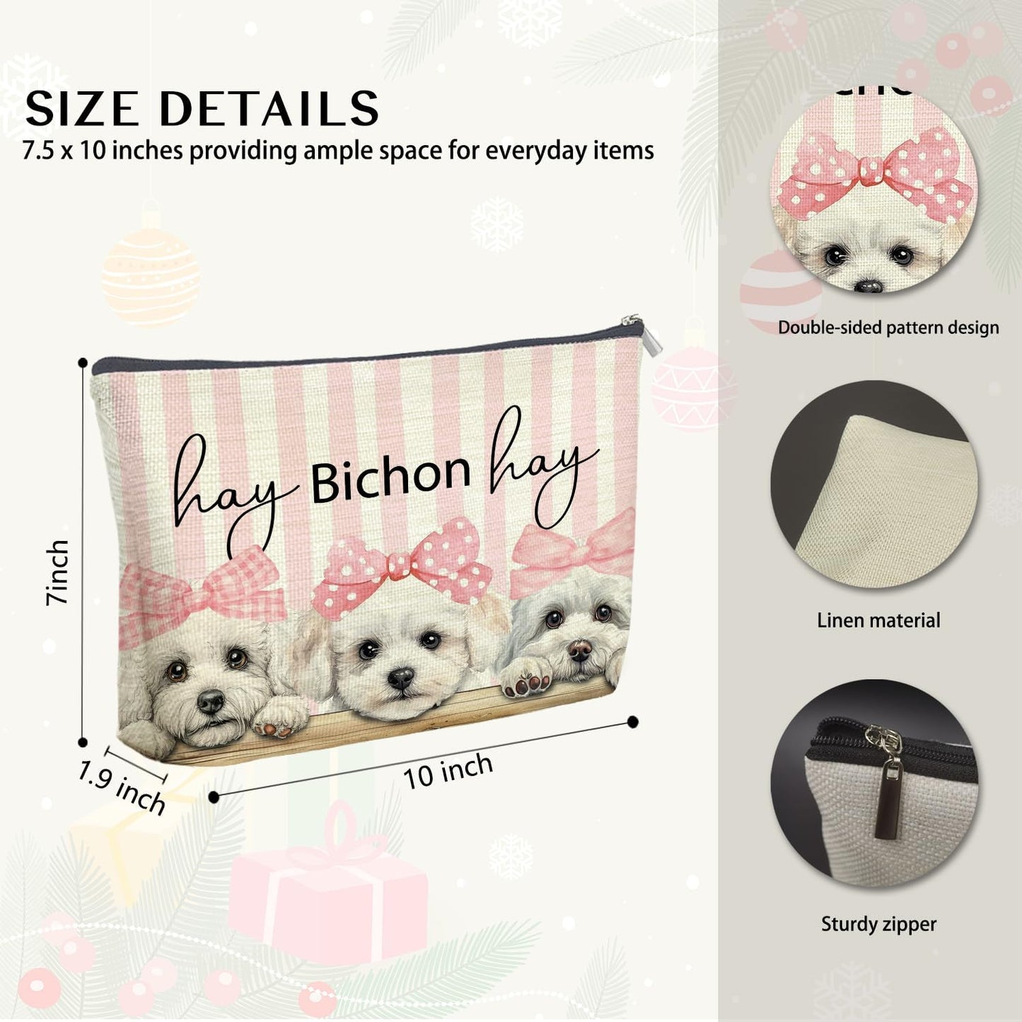 Coquette Pink Bow Bichon Frise Makeup Bag Gifts for Women, Preppy Bichon Cosmetic Bag, Girly Cute